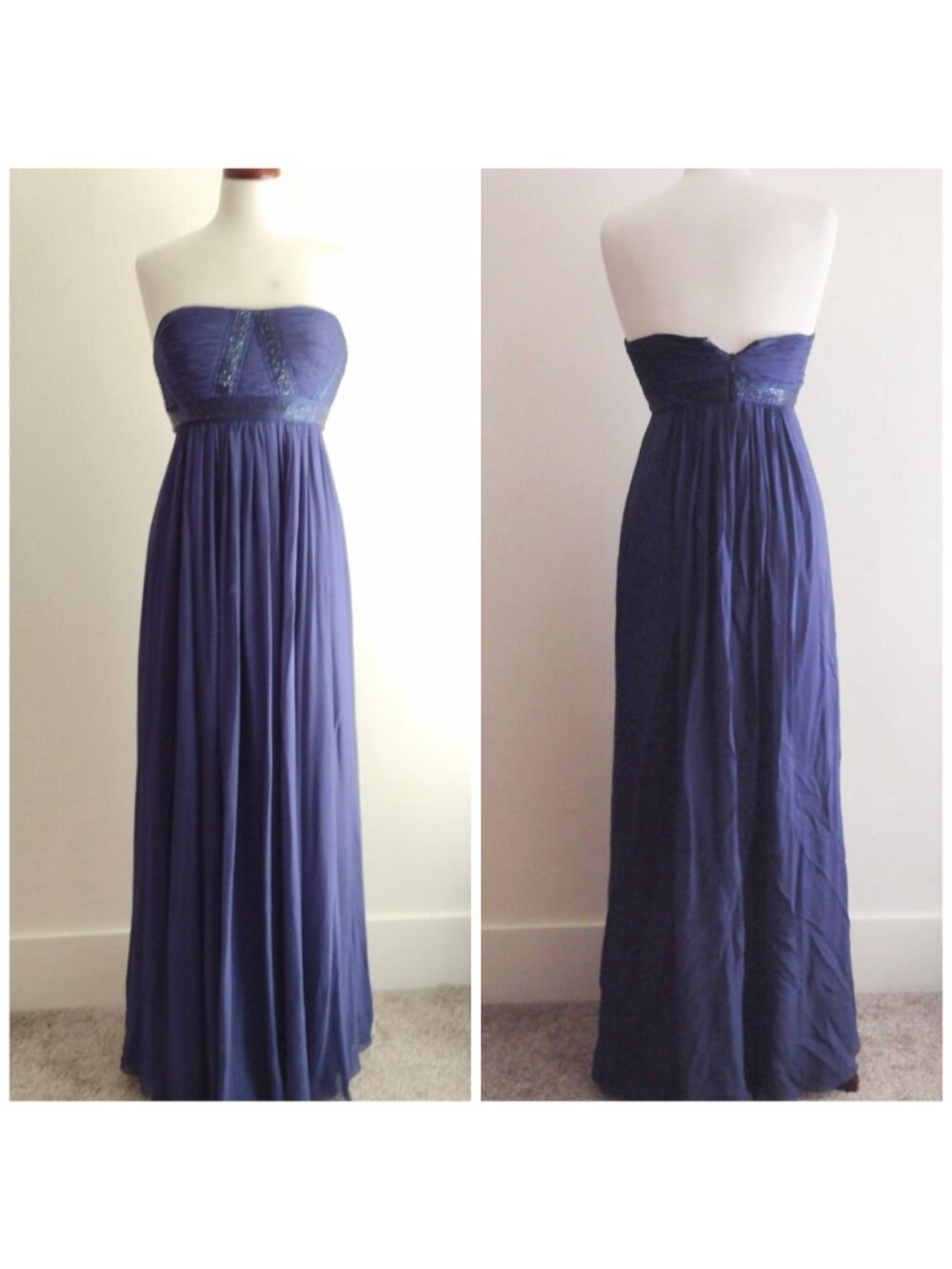 BCBG Max Azaria 100% Silk Beaded Gown 8 Strapless Prom Dress Navy Blue Grecian - Picture 2 of 11